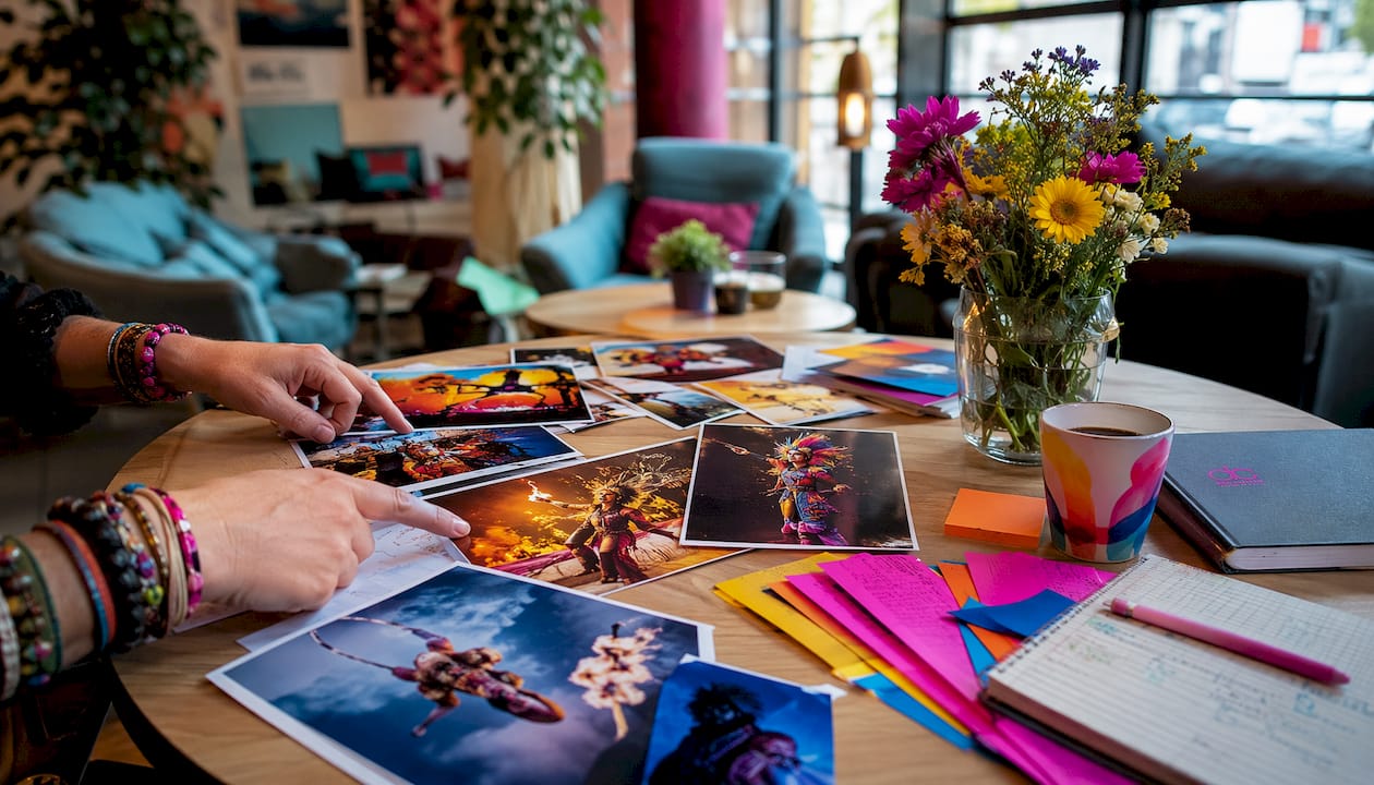 Mit geschickten Händen werden auf dem Tisch verschiedene Fotos aus dem Künstlerportfolio sortiert und arrangiert.