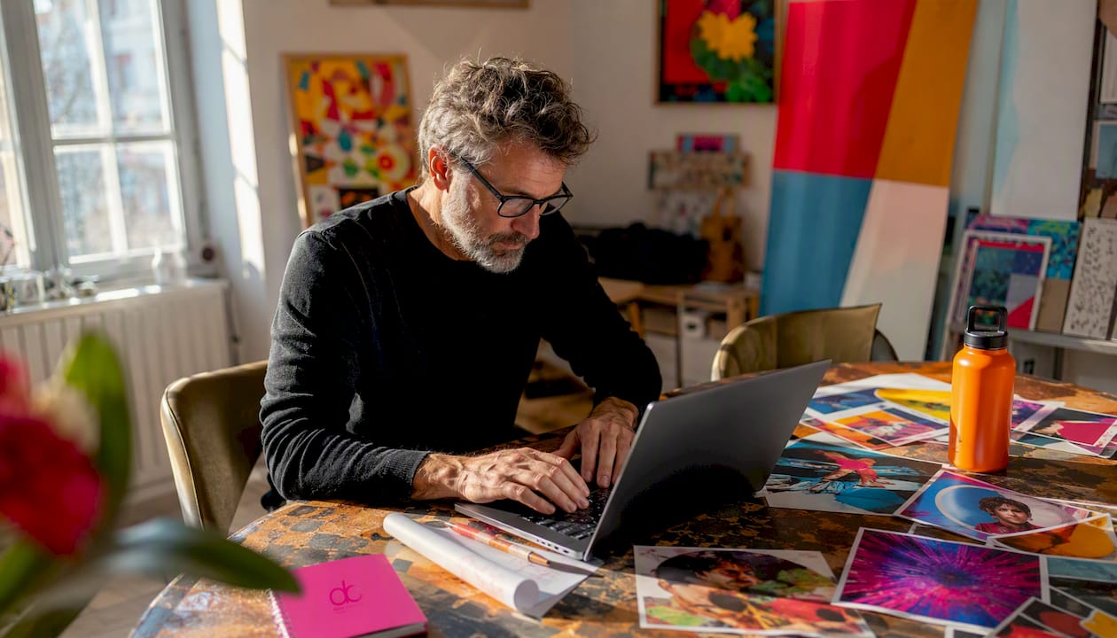 Ein Mann schaut sich das Portfolio eines Künstlers auf seinem Laptop an.