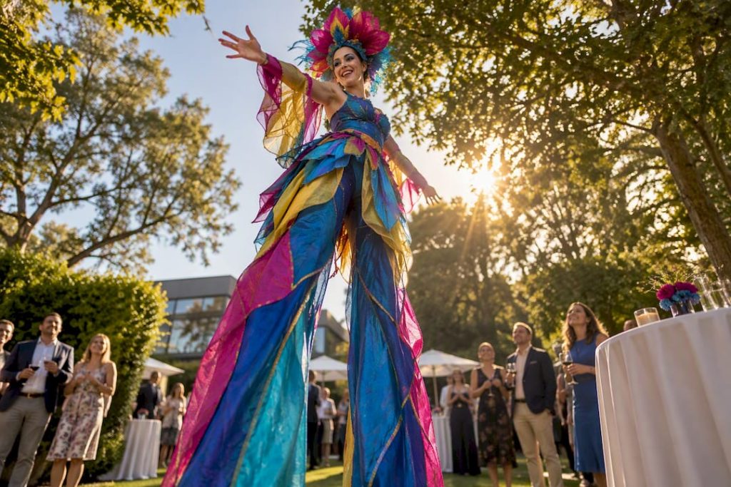 Stelzenläufer beim Sommerfest im Garten der Firma